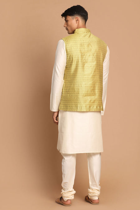 VASTRAMAY Yellow Woven Jacket With Cream Kurta and Pyjama Baap Beta Set